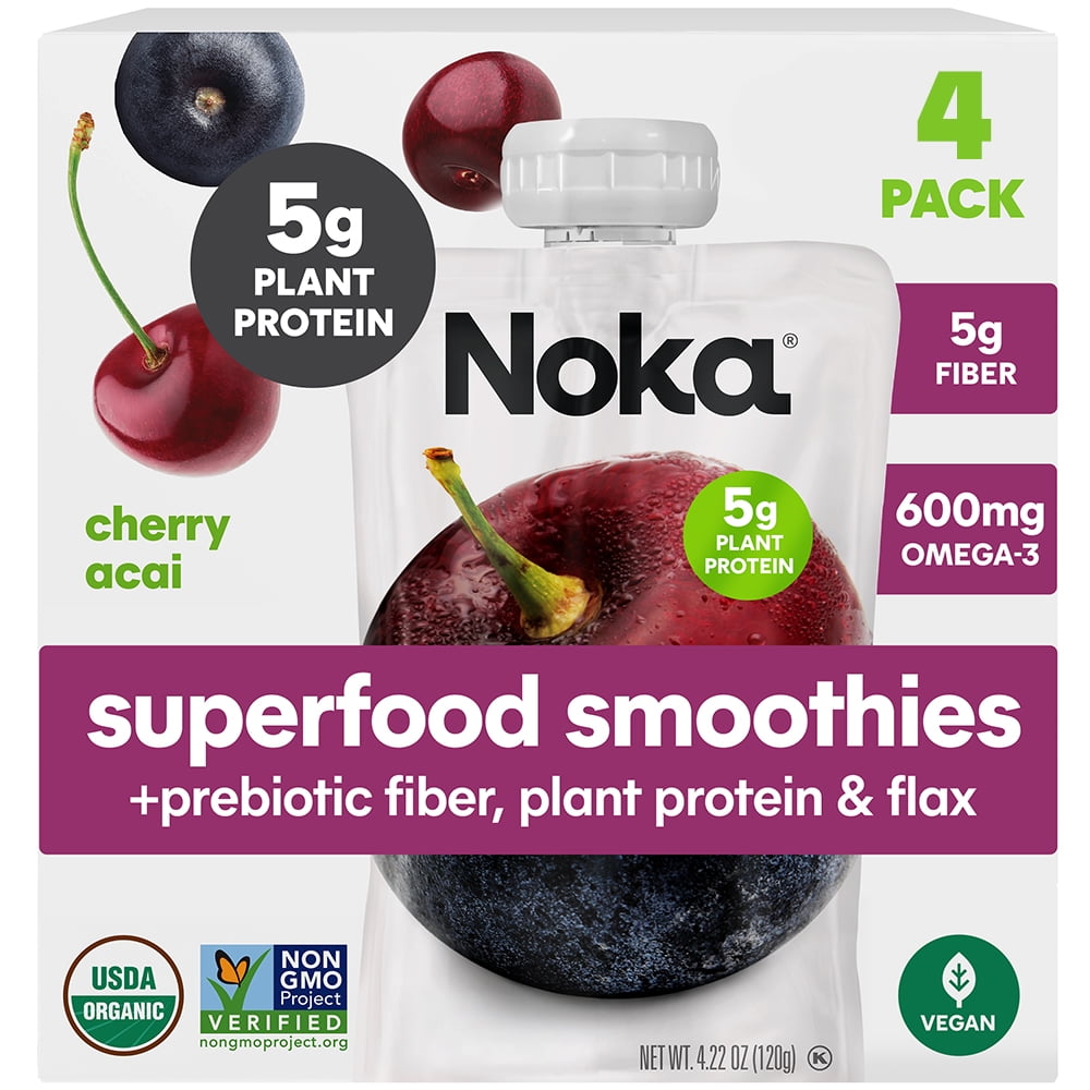 NOKA ORGANIC CHERRY ACAI SMOOTHIE POUCHES, 4-PACK, 4.22 OZ EACH