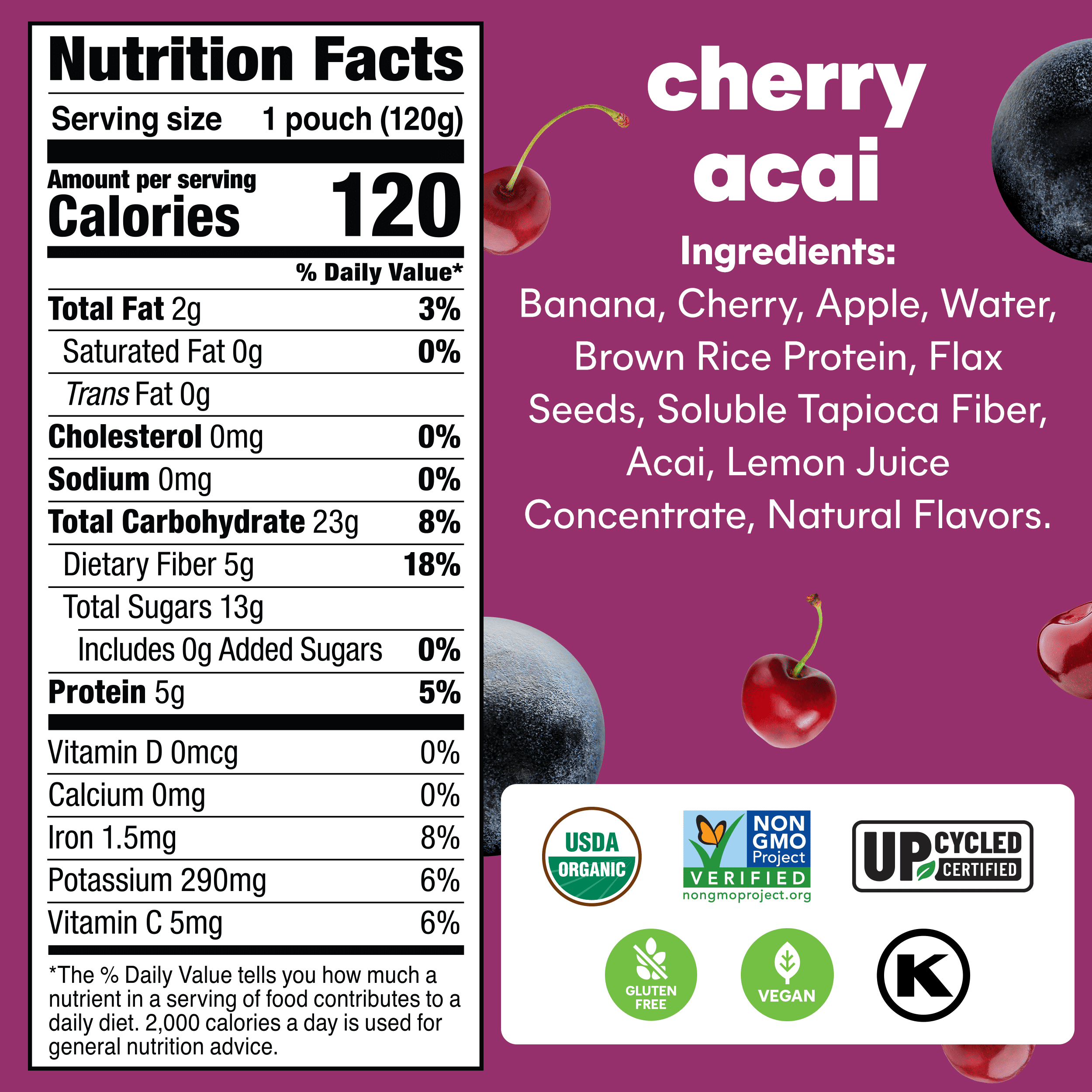 NOKA ORGANIC CHERRY ACAI SMOOTHIE POUCHES, 4-PACK, 4.22 OZ EACH