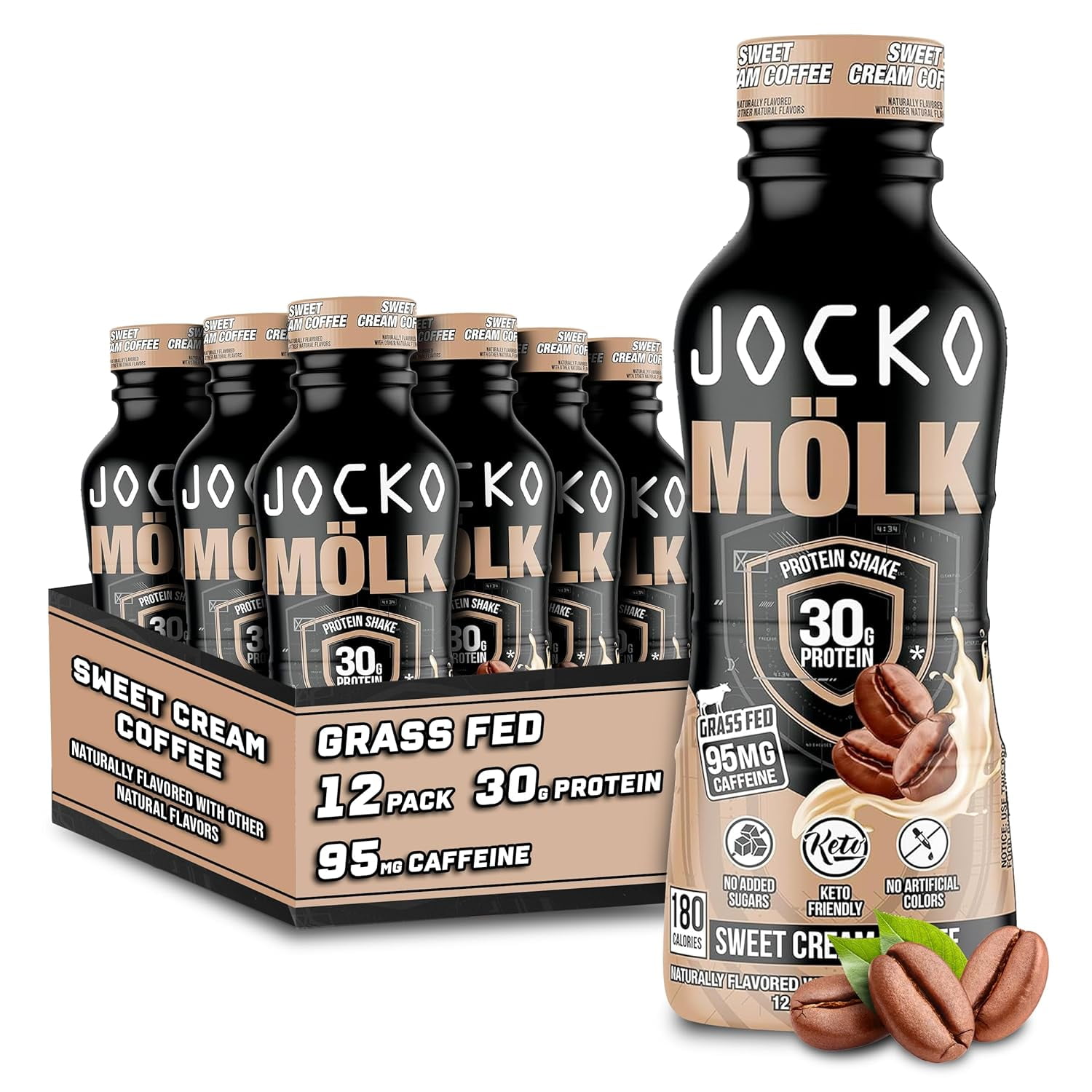 Jocko Mölk Grass Fed Protein Shake - Sweet Cream Coffee, 30g, 12 FL Oz (Pack of 12)