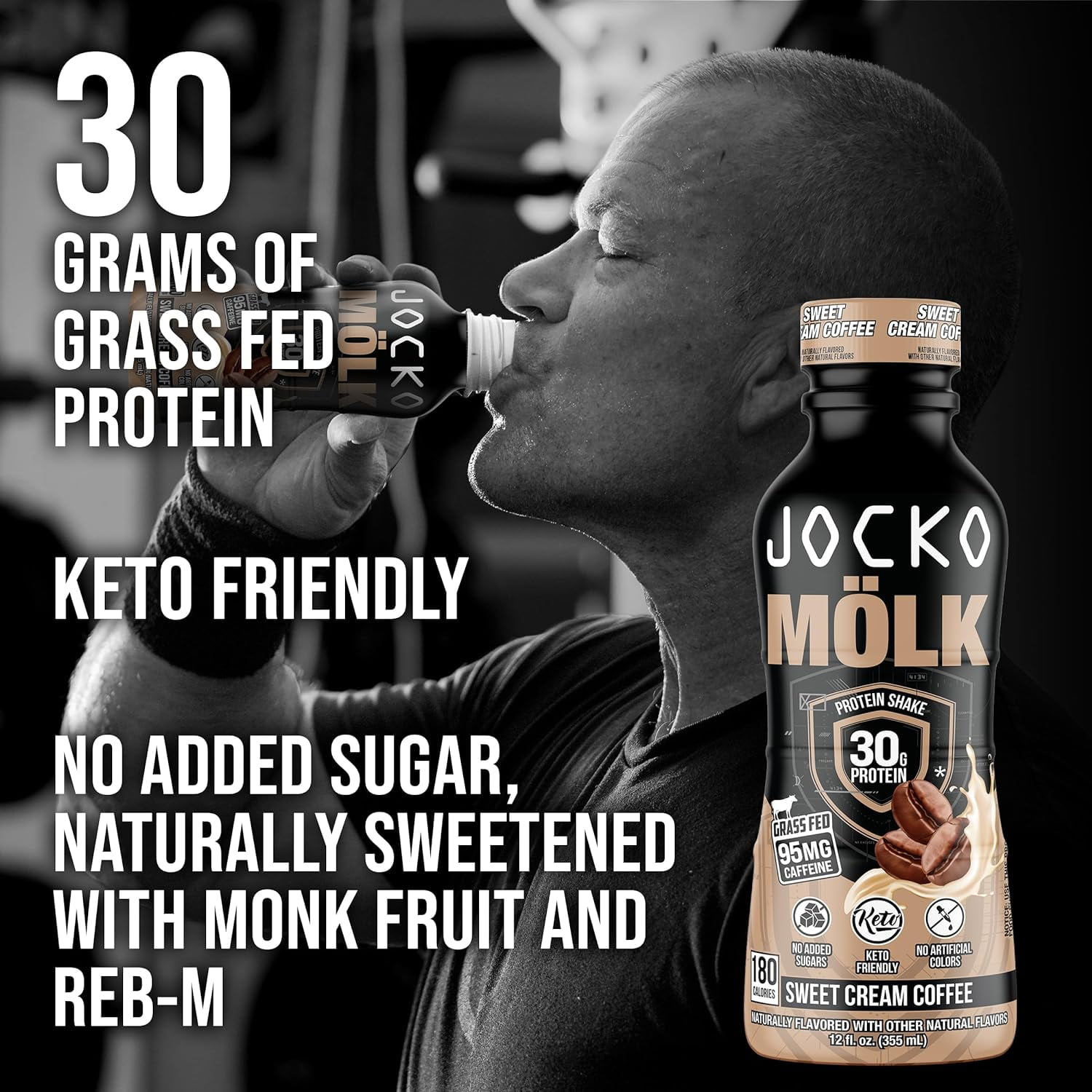 Jocko Mölk Grass Fed Protein Shake - Sweet Cream Coffee, 30g, 12 FL Oz (Pack of 12)