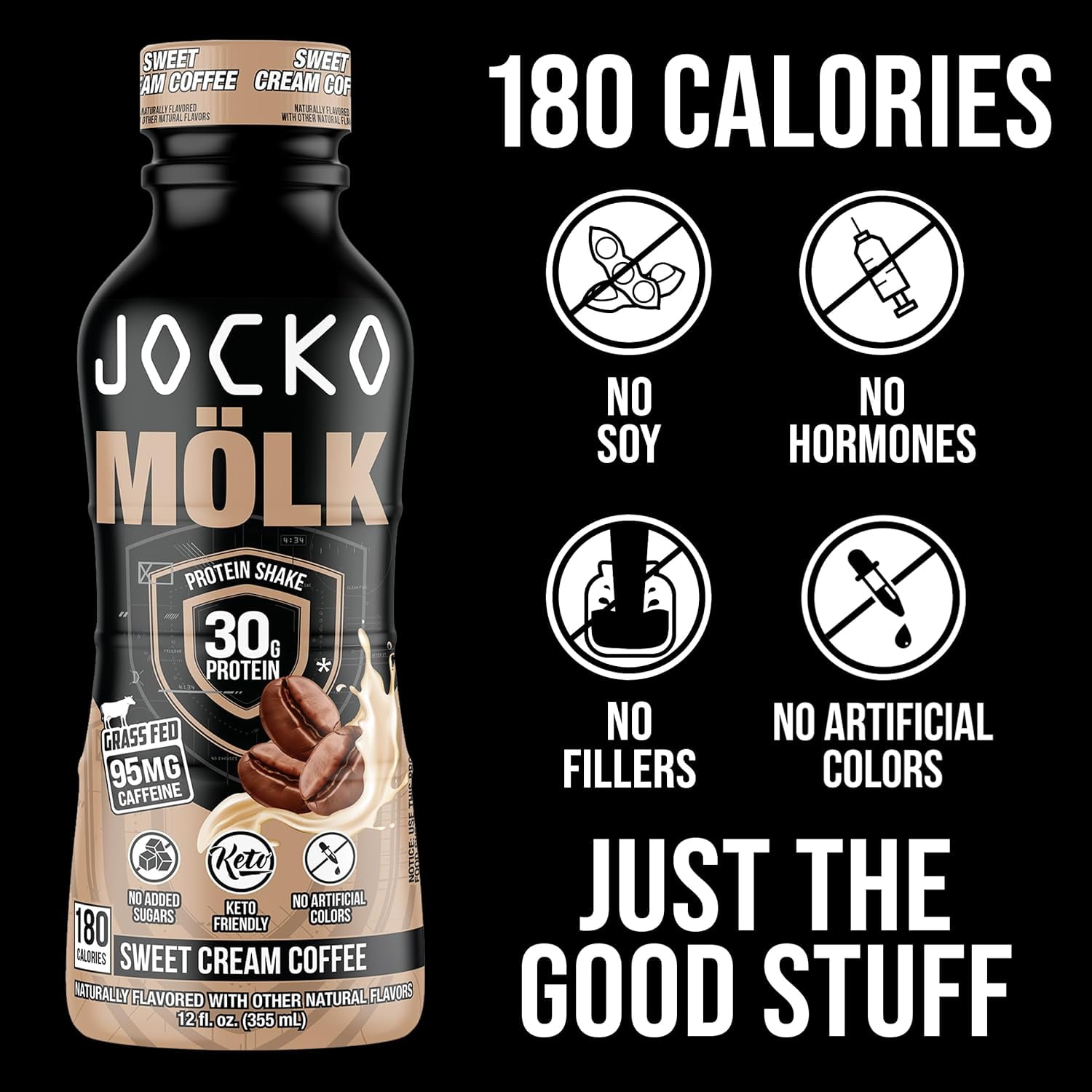 Jocko Mölk Grass Fed Protein Shake - Sweet Cream Coffee, 30g, 12 FL Oz (Pack of 12)