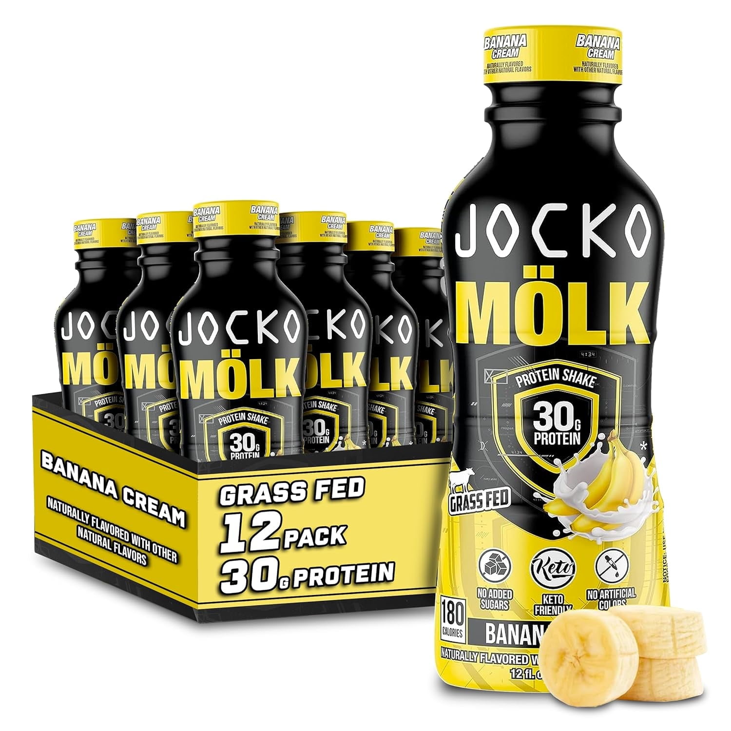Jocko Mölk Grass Fed Protein Shakes - Banana Cream, 30g, Ready to Drink - 12 FL Oz x 12 Pack