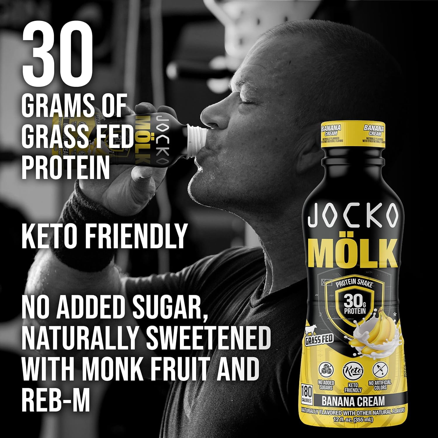 Jocko Mölk Grass Fed Protein Shakes - Banana Cream, 30g, Ready to Drink - 12 FL Oz x 12 Pack