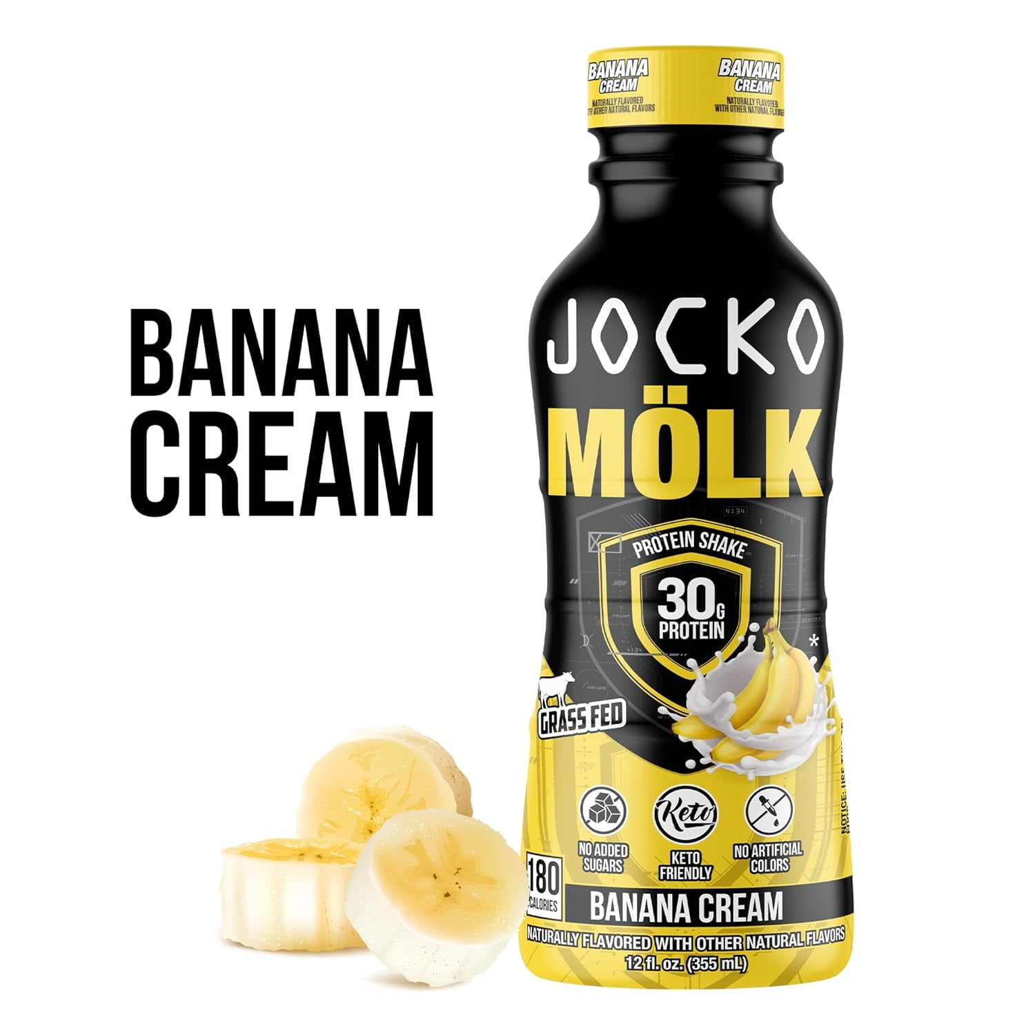 Jocko Mölk Grass Fed Protein Shakes - Banana Cream, 30g, Ready to Drink - 12 FL Oz x 12 Pack