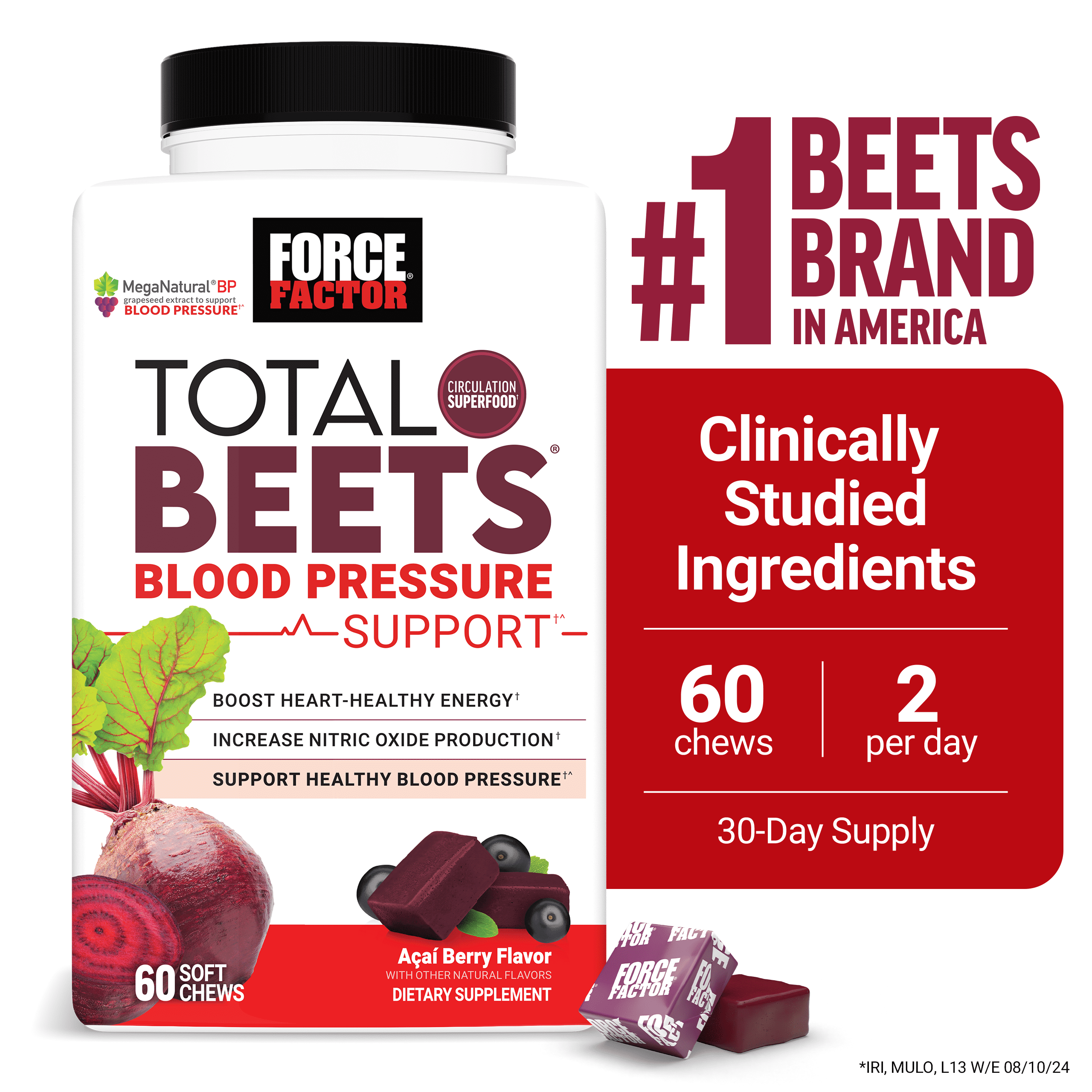 Force Factor Total Beets Blood Pressure Support Soft Chews - Beetroot Gummies Alternative - 60 Chews