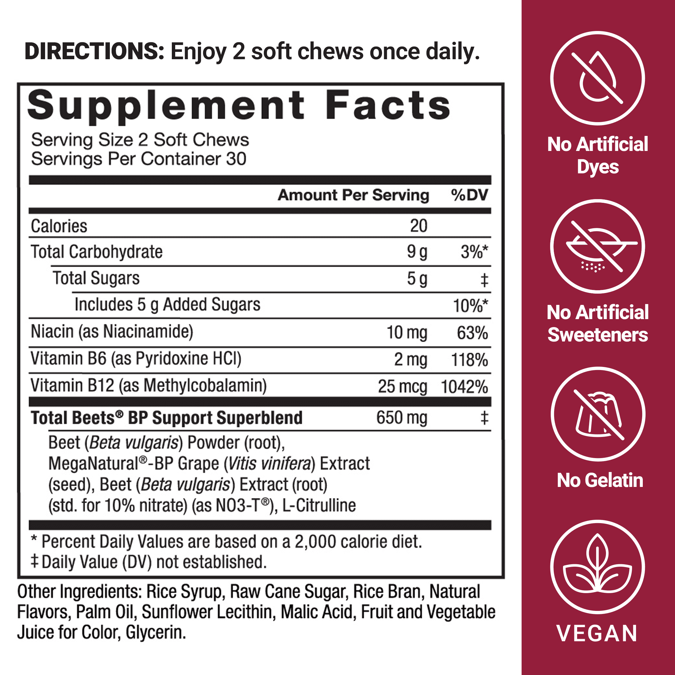 Force Factor Total Beets Blood Pressure Support Soft Chews - Beetroot Gummies Alternative - 60 Chews