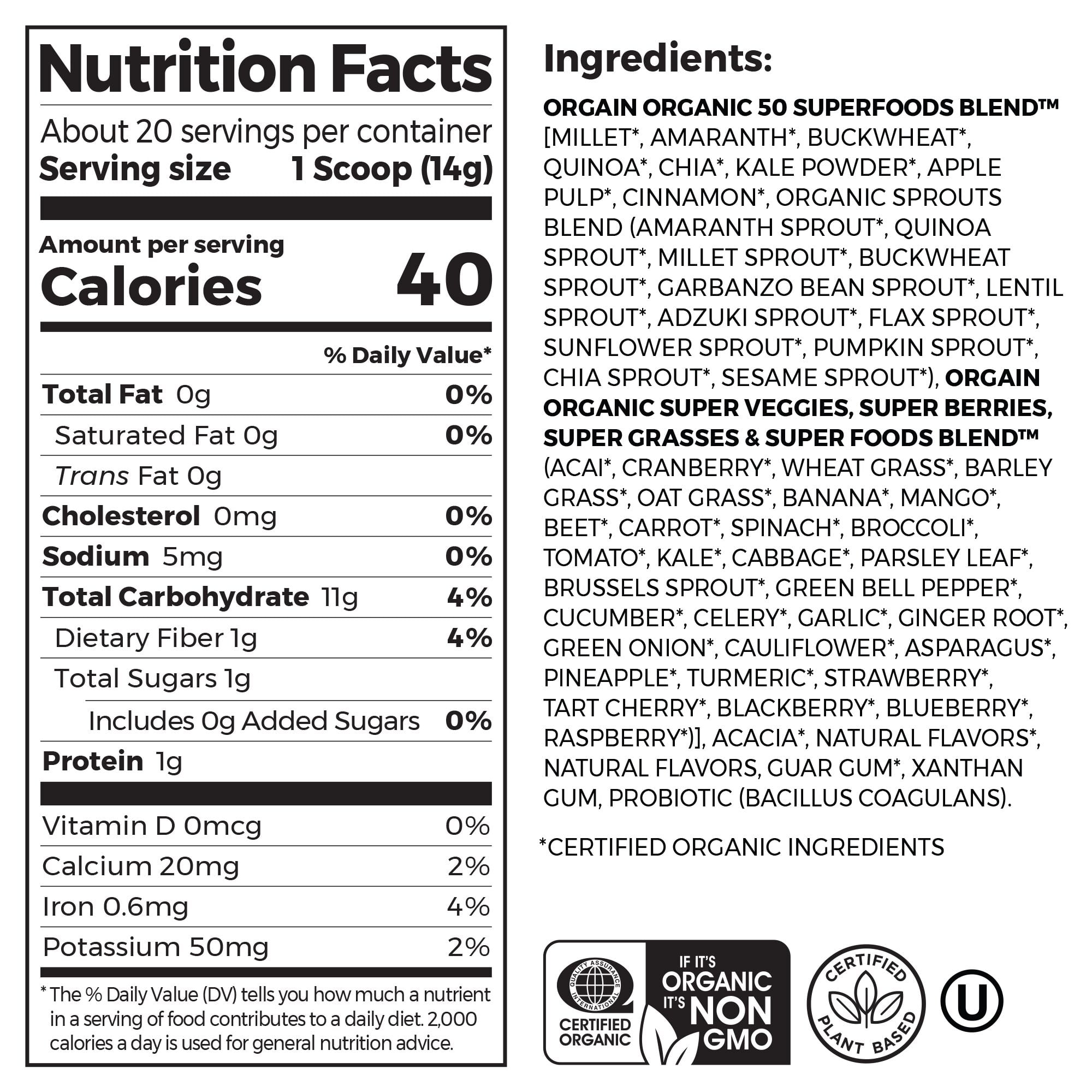 Orgain Organic Vegan Green Superfoods Powder, Berry Flavor, 0.62lb