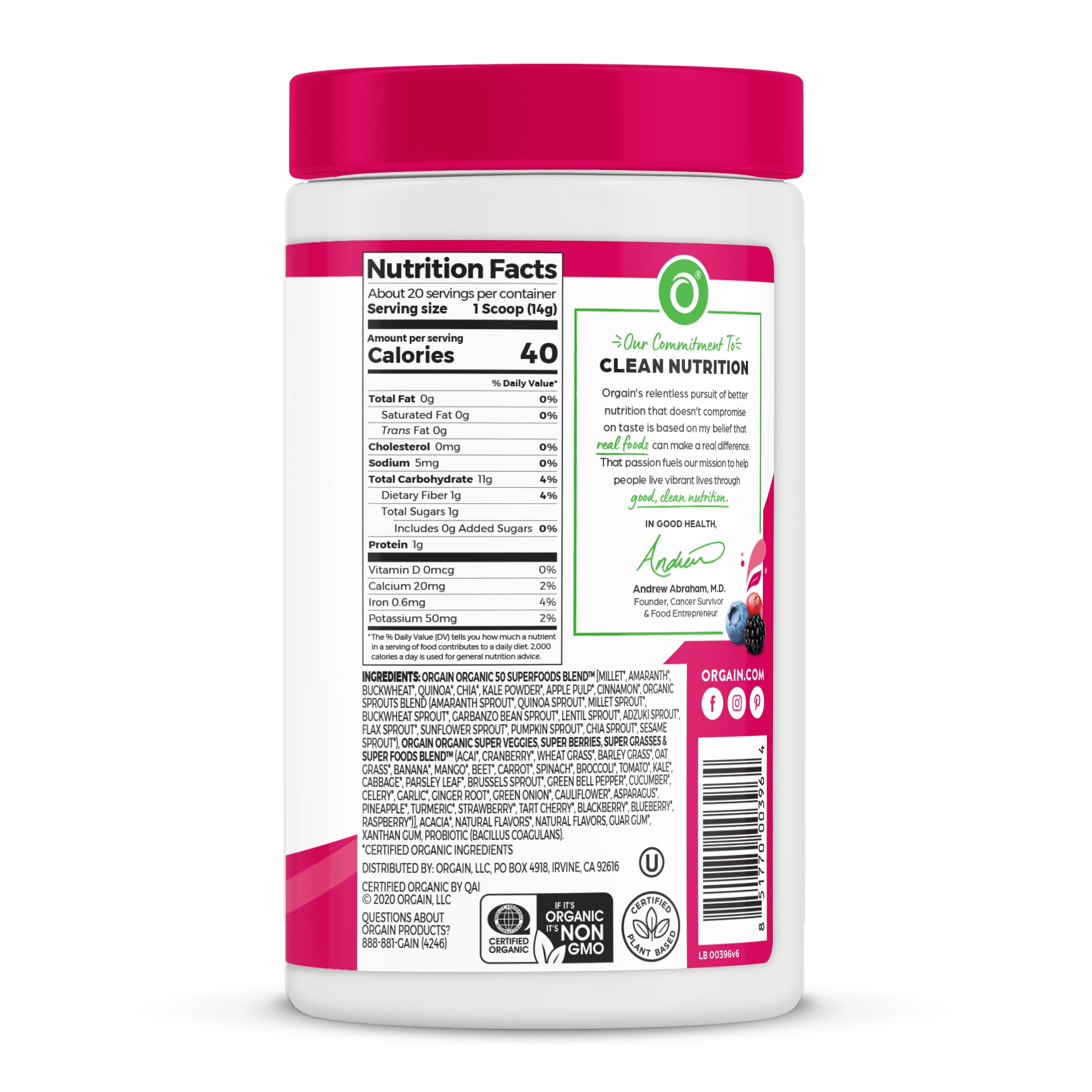 Orgain Organic Vegan Green Superfoods Powder, Berry Flavor, 0.62lb
