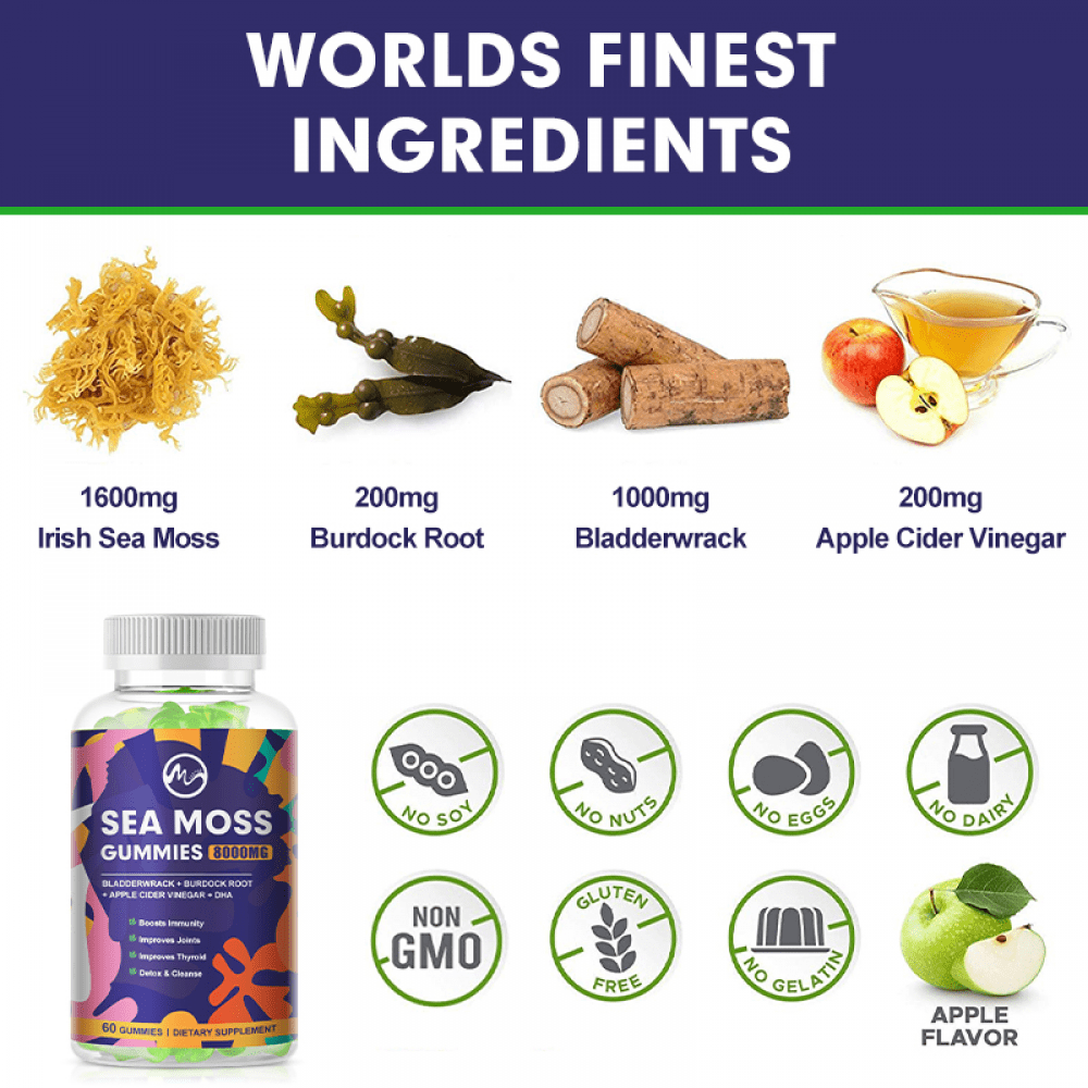 Minch 8000mg Sea Moss Gummies with Bladderwrack & Burdock Root - Immune Support - Vegan, Gluten-Free - 60 Gummies