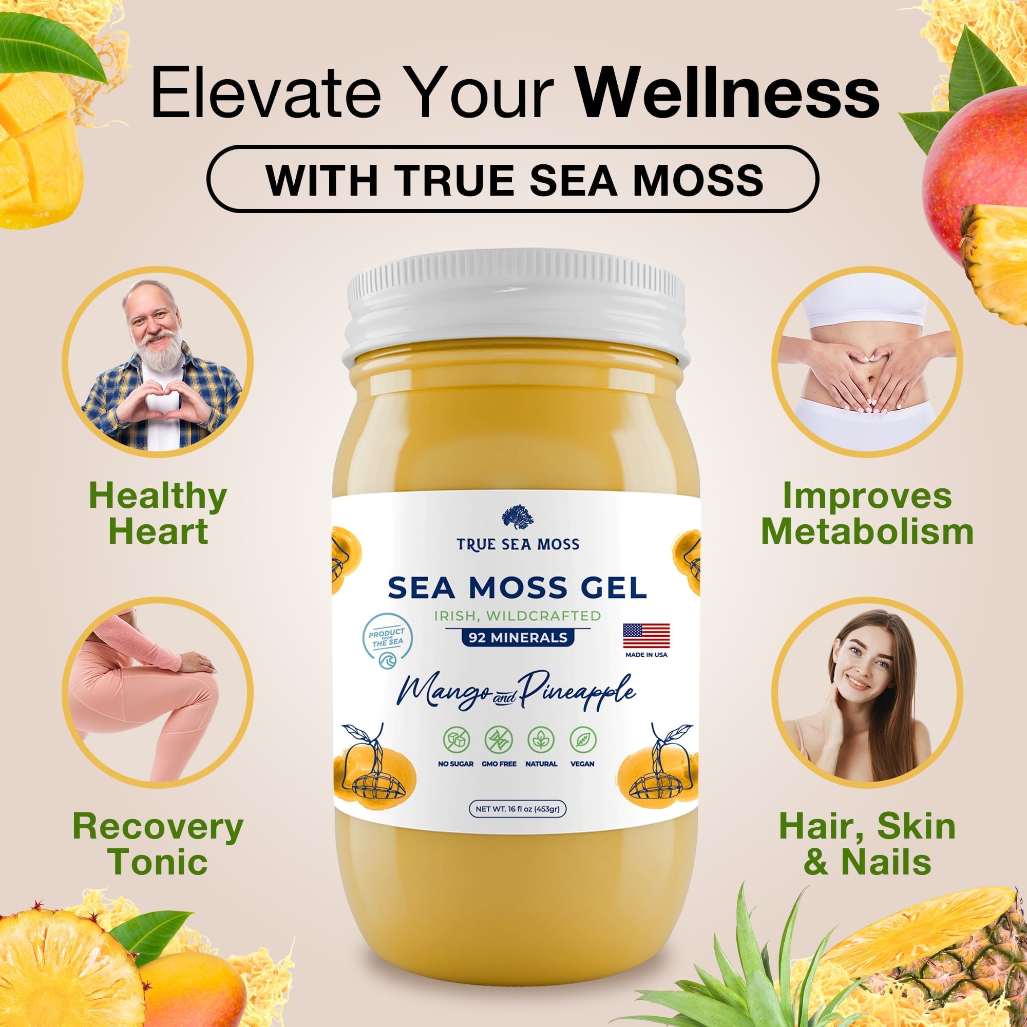TrueSeaMoss Mango Pineapple Gel, 16 oz Antioxidant Supplement Organic
