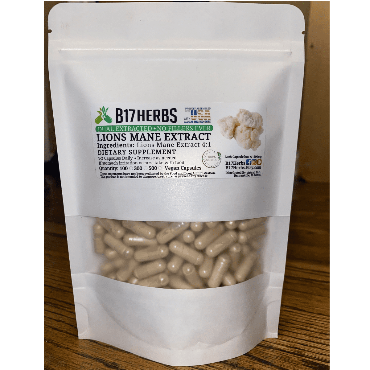 Lions Mane Mushroom Extract 4:1 | Extra Strength Polysaccharides | Dried Herbal Supplement - 100 Veg. Caps