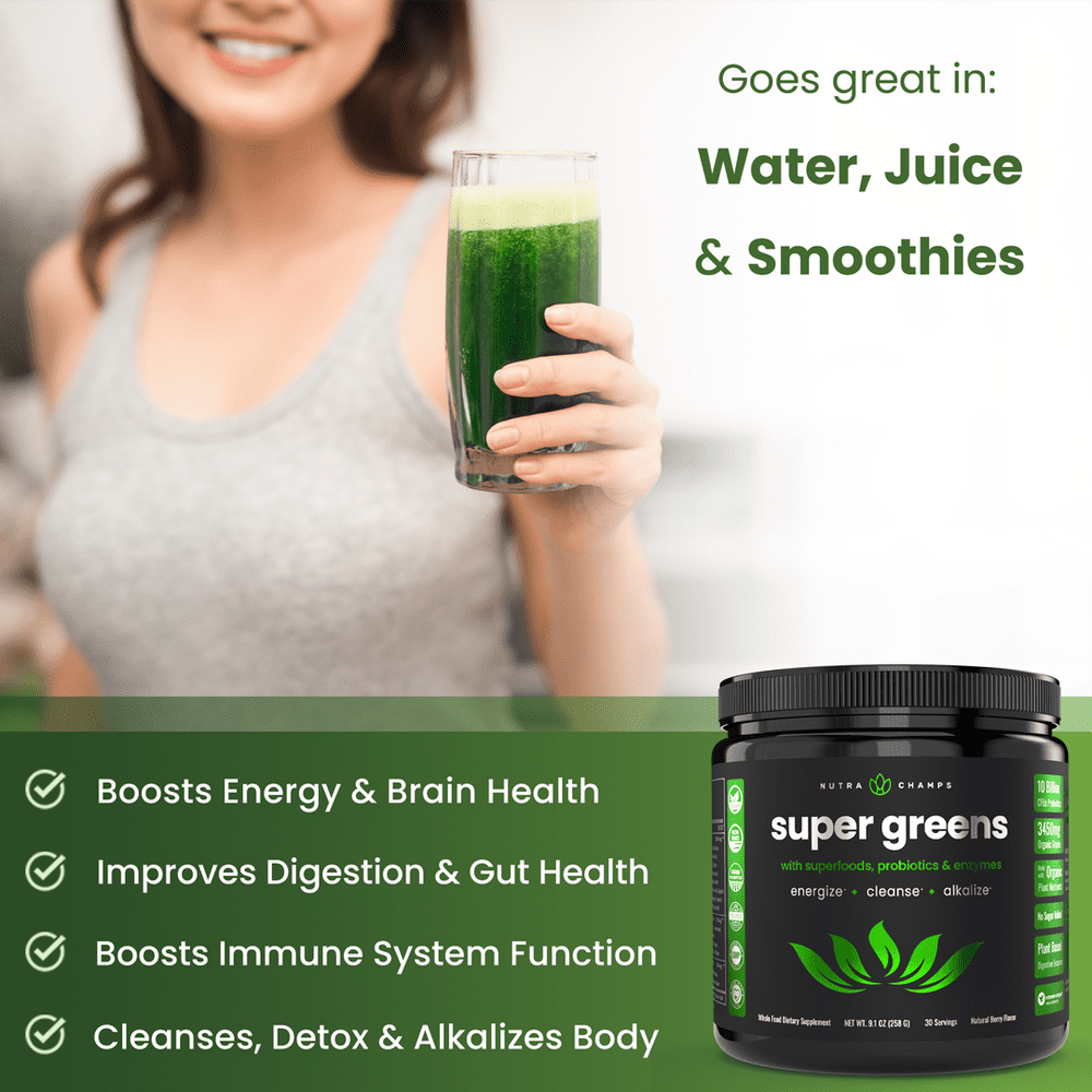 NutraChamps Super Greens Powder with Wheat Grass, Spirulina, & More | Antioxidant Blend