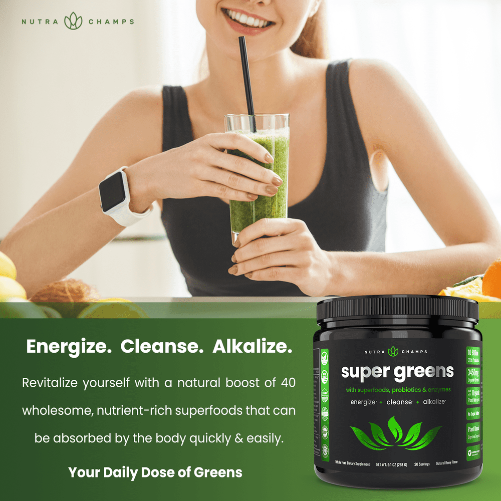 NutraChamps Super Greens Powder with Wheat Grass, Spirulina, & More | Antioxidant Blend