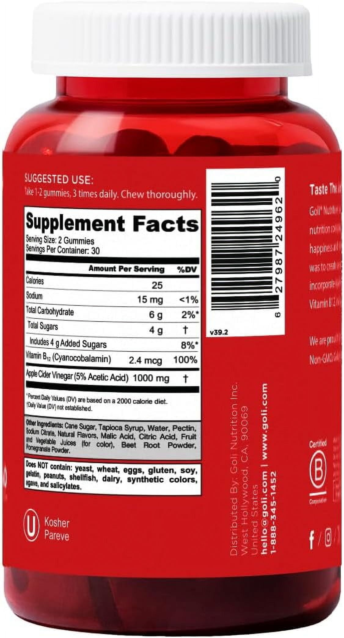 Goli Nutrition Apple Cider Vinegar Gummies (3-Pack), 60 CT