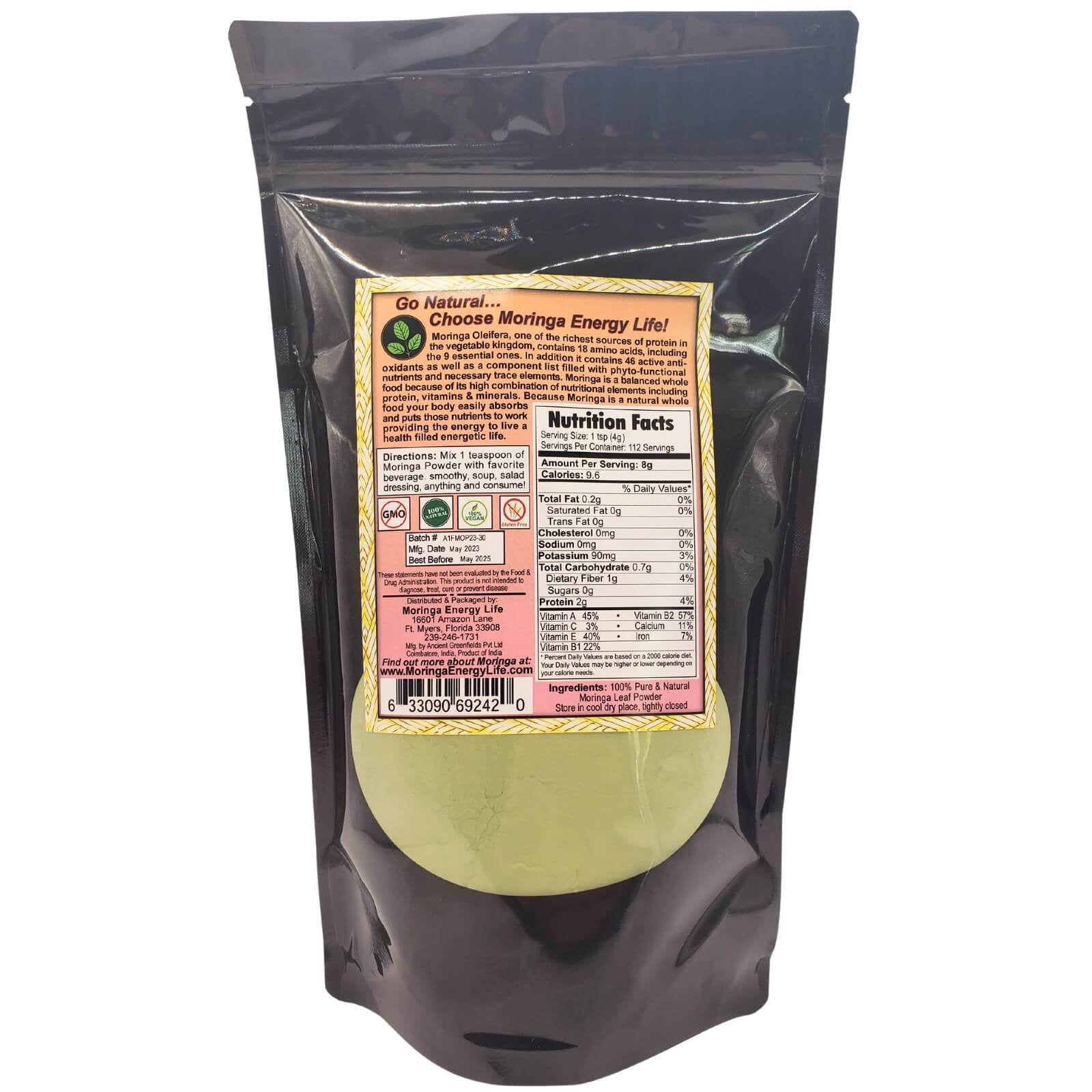 MORINGA ENERGY LIFE PURE LEAF POWDER SUPERFOOD DRINK 1 LB - 93 NUTRIENTS