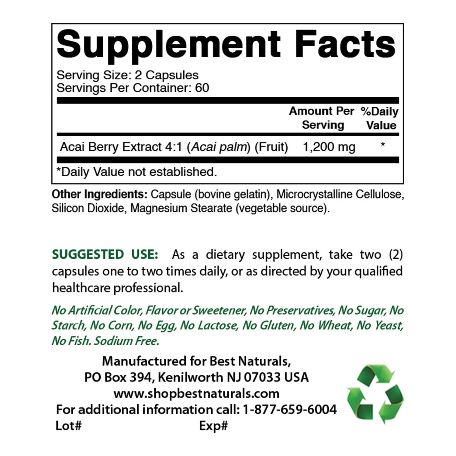 Best Naturals Acai Berry 600mg 120 Capsules Pack of 3