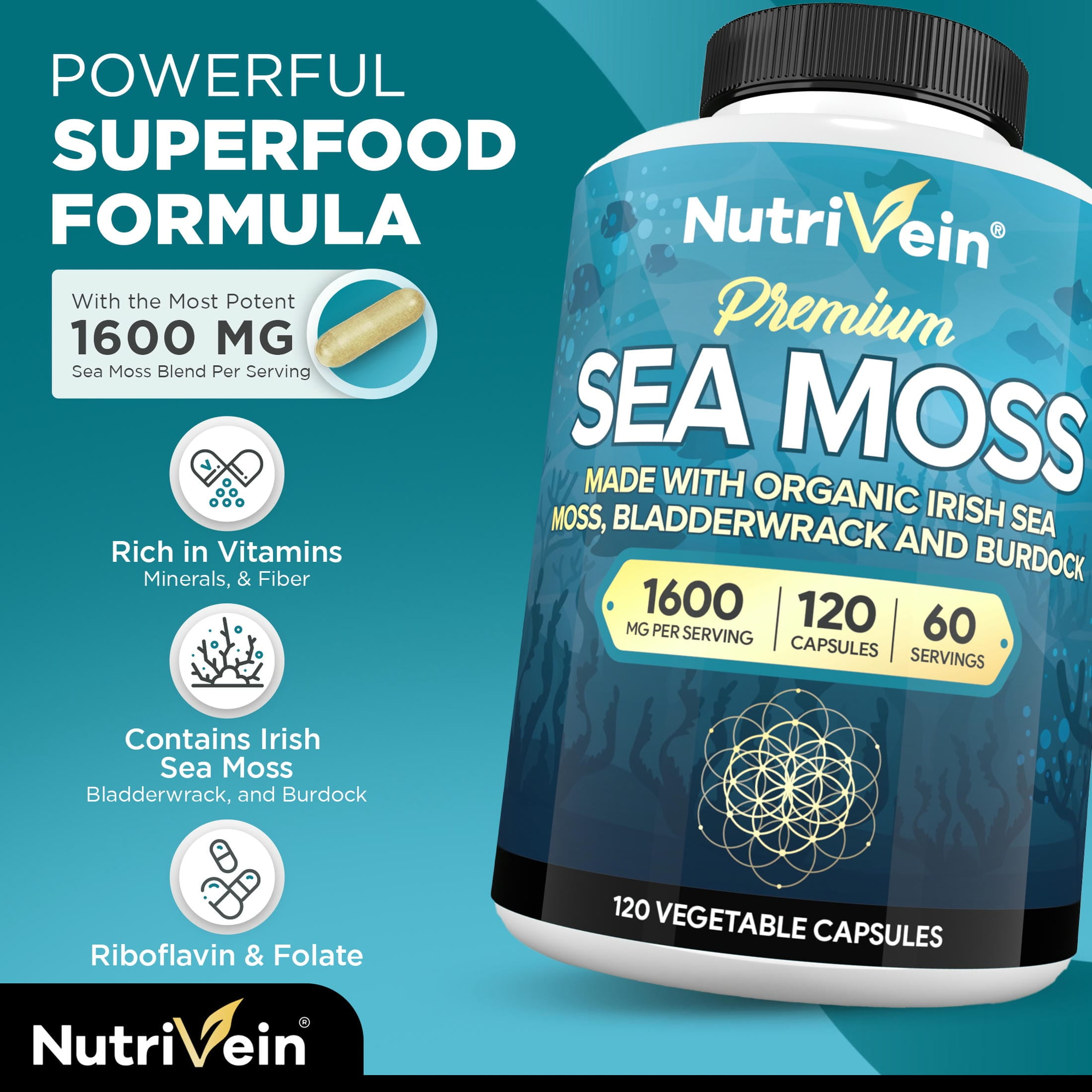 Sea Moss Capsules 1600mg - Keto Detox, Gut & Joint Support - 120 ct.