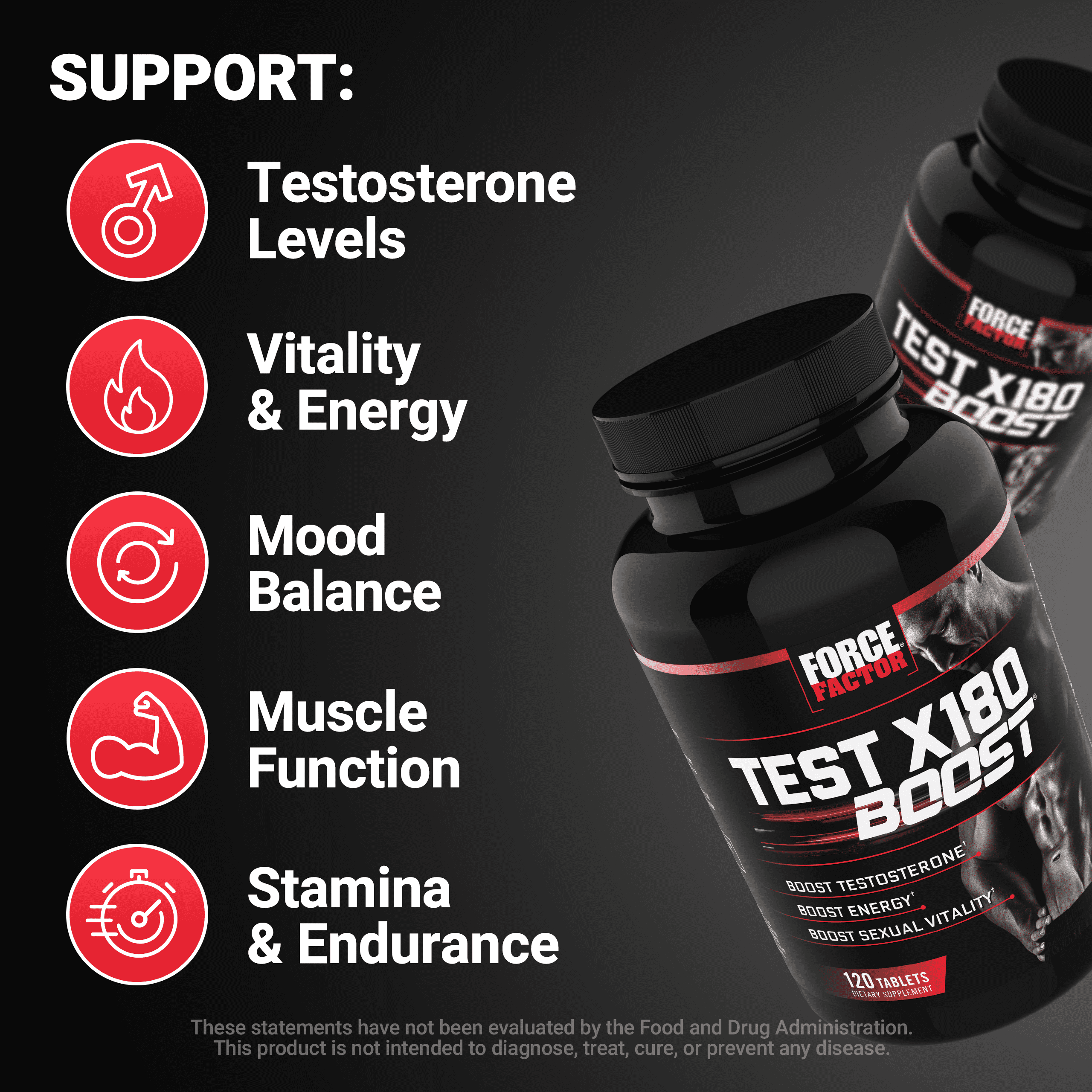 Force Factor Test X180 Boost: Pre-Workout Testosterone Booster, 120 Tablets