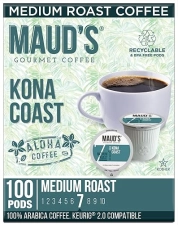Maud's Kona Coffee Pods, 100 ct, Medium Roast, 100% Arabica, Keurig K Cups Compatible