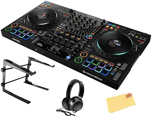 Pioneer DDJ-FLX10 DJ Controller Bundle - Black with Laptop Stand, Headphones, Polishing Cloth
