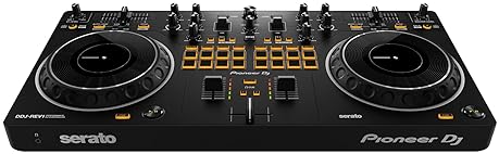 Pioneer DDJ-REV1 2-Channel DJ Controller Bundle - Black with Laptop Stand, Headphones, and Polishing Cloth