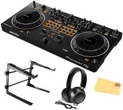 Pioneer DDJ-REV1 2-Channel DJ Controller Bundle - Black with Laptop Stand, Headphones, and Polishing Cloth