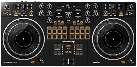 Pioneer DDJ-REV1 2-Channel DJ Controller Bundle - Black with Laptop Stand, Headphones, and Polishing Cloth