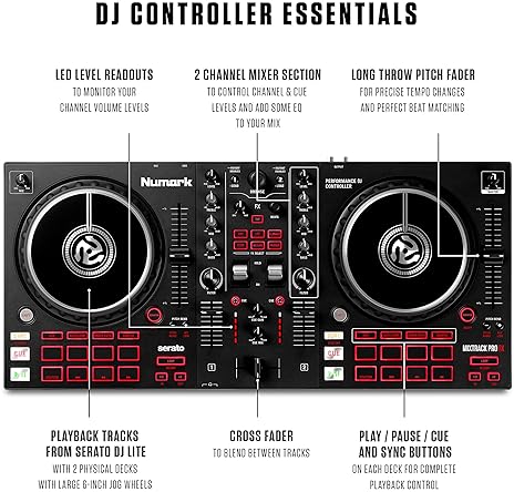 Numark Mixtrack Pro FX: 2 Deck DJ Controller with Serato DJ, Mixer, Audio Interface, Touch Jog Wheels & FX - 100 characters