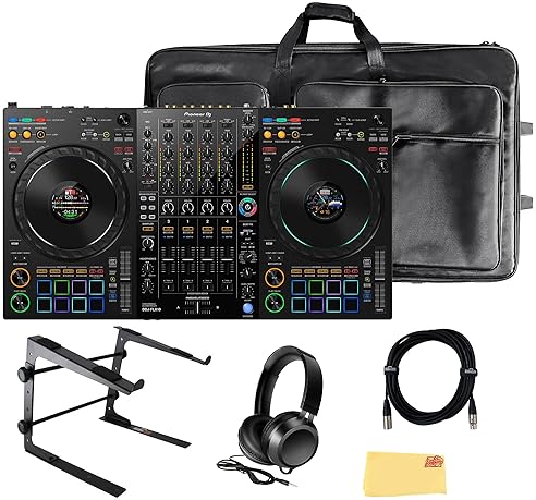 Pioneer DDJ-FLX10 4-Channel DJ Controller Bundle - Black with Case, Stand, Headphones, Microphone Cable, Cloth