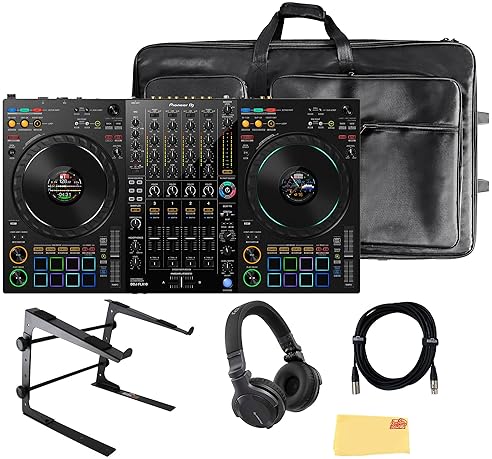 Pioneer DDJ-FLX10 4-Channel DJ Controller Bundle - Black with Case, Stand, Headphones, Microphone Cable, Cloth