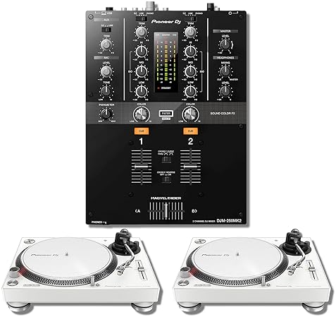 Pioneer DJM-250MK2 Mixer with PLX-500 White Turntables Bundle