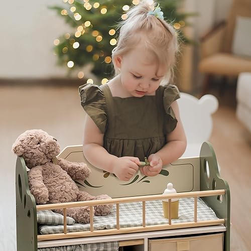 ROBUD Sturdy Baby Doll Bed with Storage and Bedding, Green - Ideal Gift for Girls, Fits 18 Inch Dolls