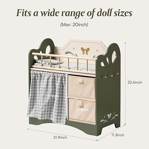 ROBUD Sturdy Baby Doll Bed with Storage and Bedding, Green - Ideal Gift for Girls, Fits 18 Inch Dolls