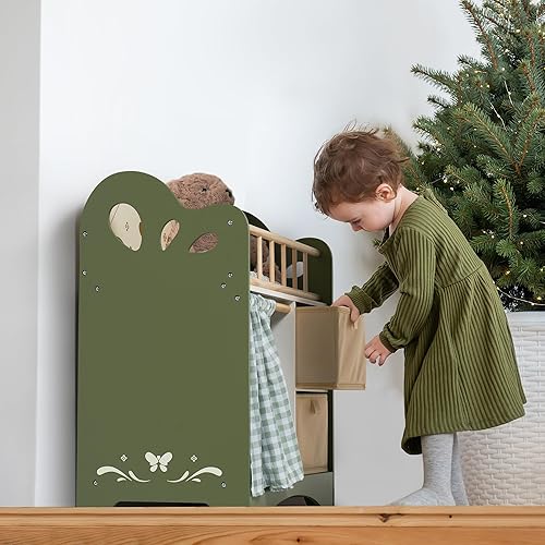 ROBUD Sturdy Baby Doll Bed with Storage and Bedding, Green - Ideal Gift for Girls, Fits 18 Inch Dolls