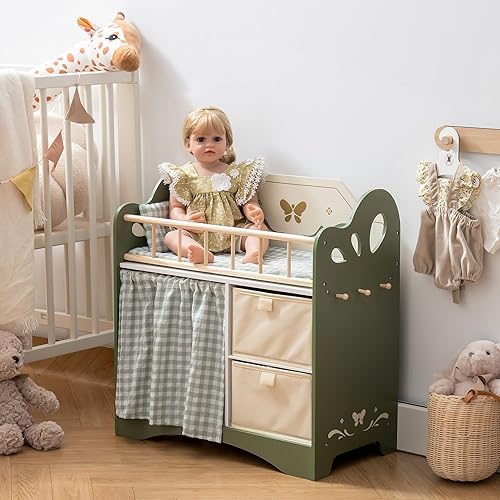 ROBUD Sturdy Baby Doll Bed with Storage and Bedding, Green - Ideal Gift for Girls, Fits 18 Inch Dolls