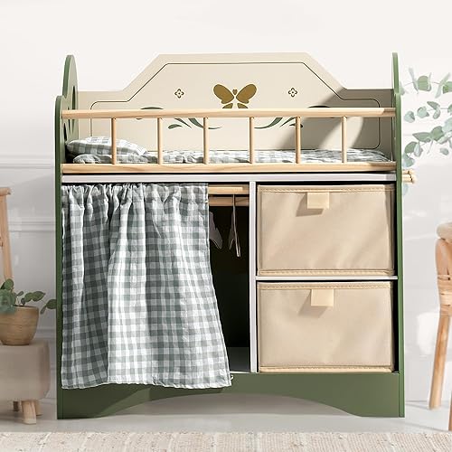 ROBUD Sturdy Baby Doll Bed with Storage and Bedding, Green - Ideal Gift for Girls, Fits 18 Inch Dolls