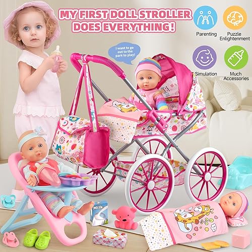 Baby Doll Stroller Set with Accessories & Clothes - Ideal Gift for Girls 3-7