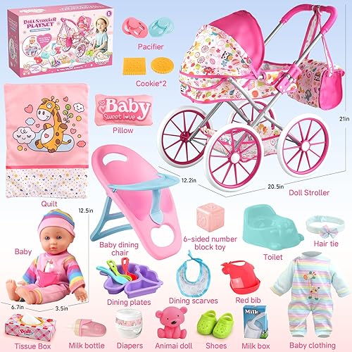 Baby Doll Stroller Set with Accessories & Clothes - Ideal Gift for Girls 3-7