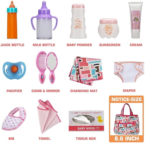 Baby Doll Accessories Set with Diaper Bag, Magic Bottle, Changing Mat - Pretend Play Gift for Girls