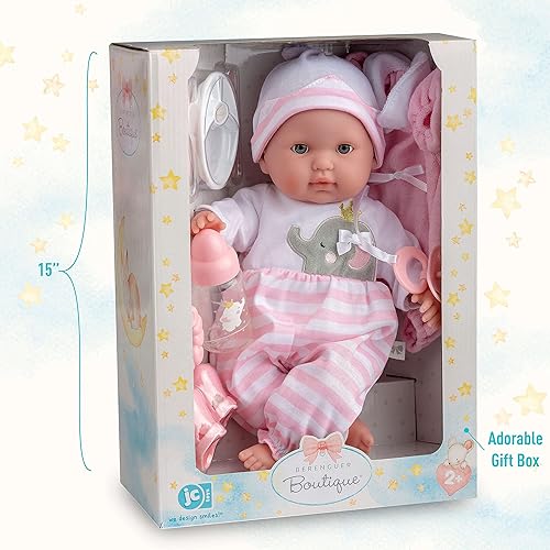 JC Toys "15-Inch Soft Body Baby Doll with Open/Close Eyes & Accessories Berenguer Boutique | Pink | Ages 2+"