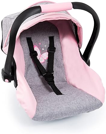 BAYER DESIGN DOLL CAR SEAT FOR NEO VARIO PRAM, PINK/GREY WITH BUTTERFLY PRINT - FITS 18" DOLLS