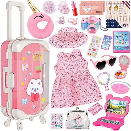 Doll Suitcase Travel Set with 26 Pcs Accessories for 18 inch Doll - Birthday Gift for Girls Age 3-6