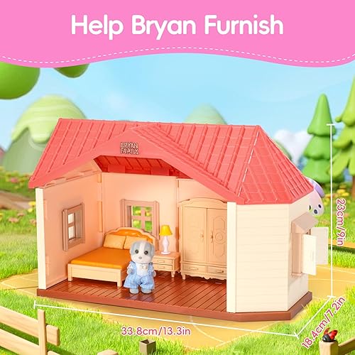 DOLLHOUSE PLAYSET WITH BRYAN FAMILY FIGURES, FURNITURE & ACCESSORIES - IDEAL PRETEND PLAY GIFT FOR KIDS AGES 3+