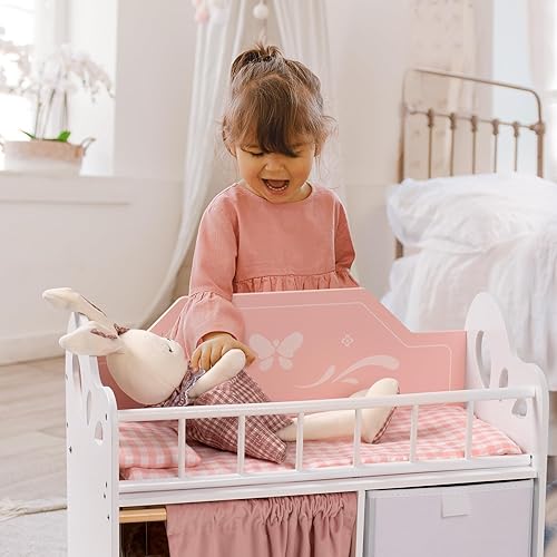 ROBUD Wooden Baby Doll Crib with Storage and Bedding - Pink, Fits Dolls Under 22 Inches