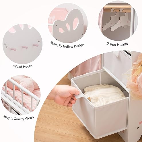 ROBUD Wooden Baby Doll Crib with Storage and Bedding - Pink, Fits Dolls Under 22 Inches