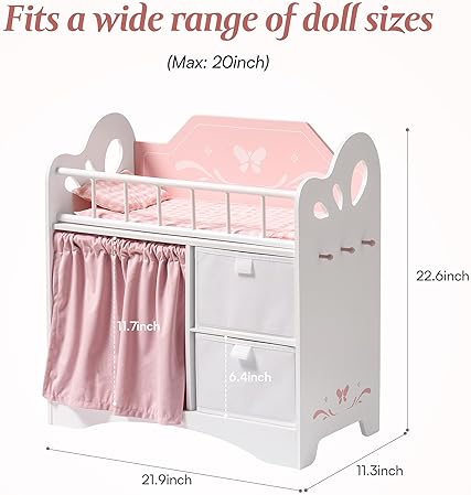 ROBUD Wooden Baby Doll Crib with Storage and Bedding - Pink, Fits Dolls Under 22 Inches