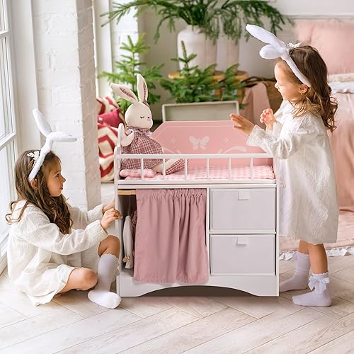 ROBUD Wooden Baby Doll Crib with Storage and Bedding - Pink, Fits Dolls Under 22 Inches
