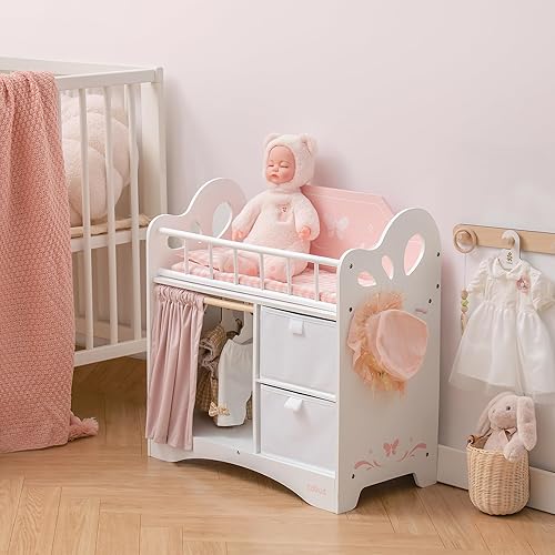 ROBUD Wooden Baby Doll Crib with Storage and Bedding - Pink, Fits Dolls Under 22 Inches