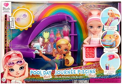 Rainbow High Littles Pool Day Playset + Small Doll, Pink, 5.5", Pool with Rainbow Slide, Accessories, Smoothie Stand, Kids Gift, Ages 4+