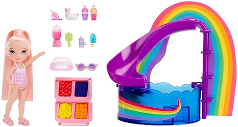 Rainbow High Littles Pool Day Playset + Small Doll, Pink, 5.5", Pool with Rainbow Slide, Accessories, Smoothie Stand, Kids Gift, Ages 4+